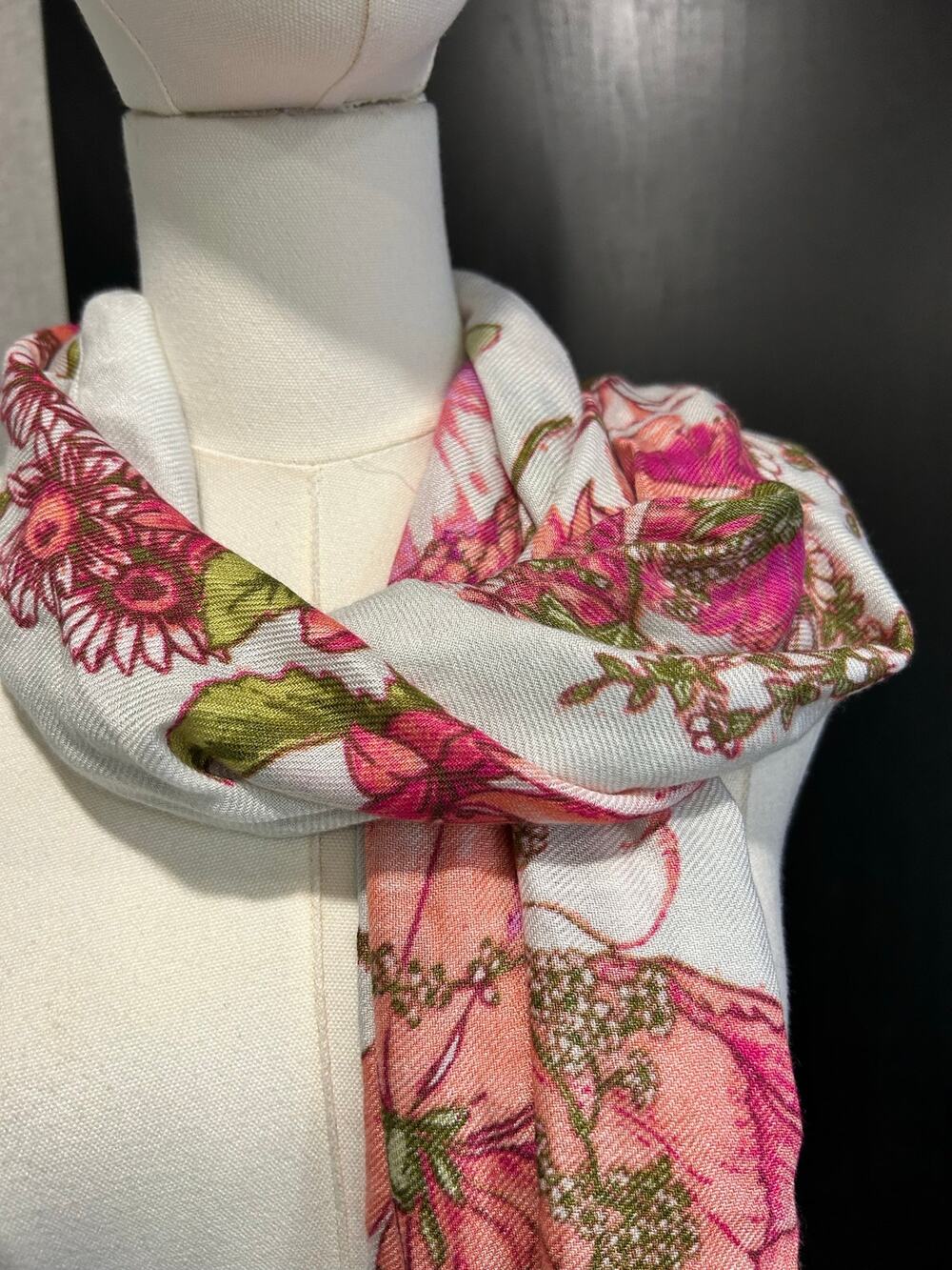 Scarf Max Edition Cream Pink Floral Rayon Coquette Boho Long Scarf Cottage core